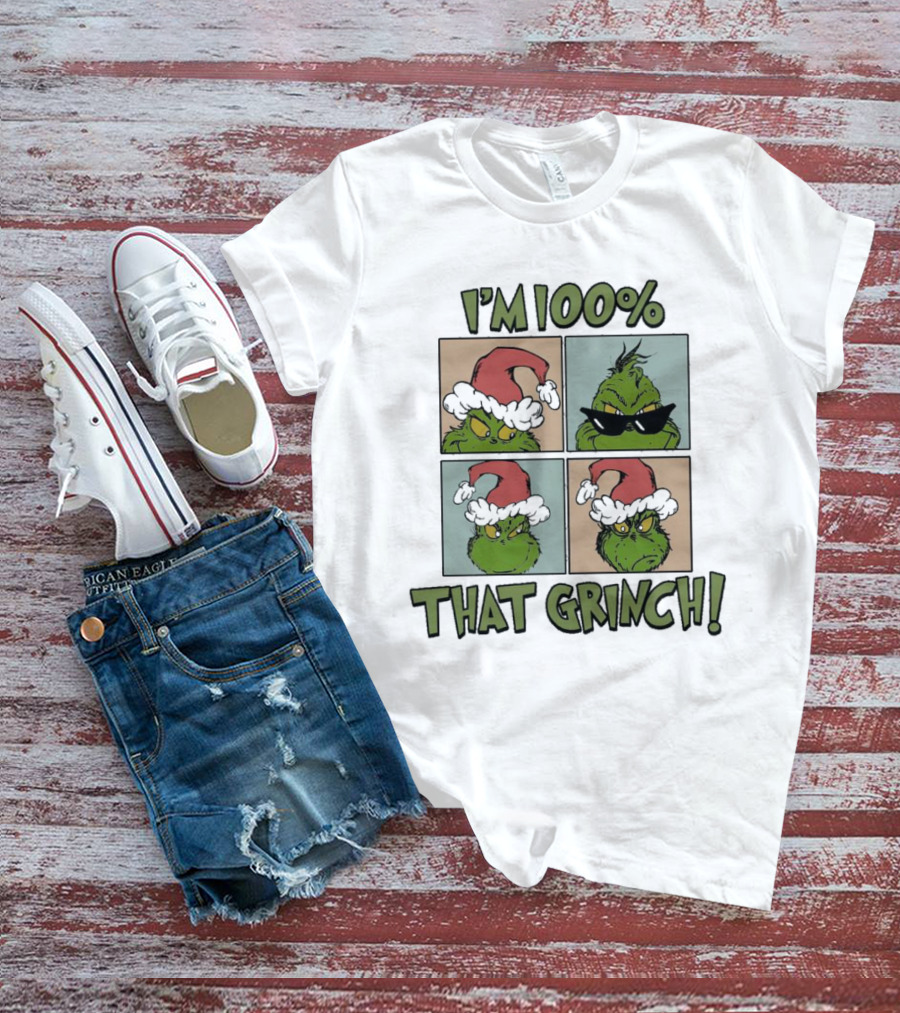 I'm 100% That Grinch Christmas Icon With Santa Hat And Sunglasses T-Shirt