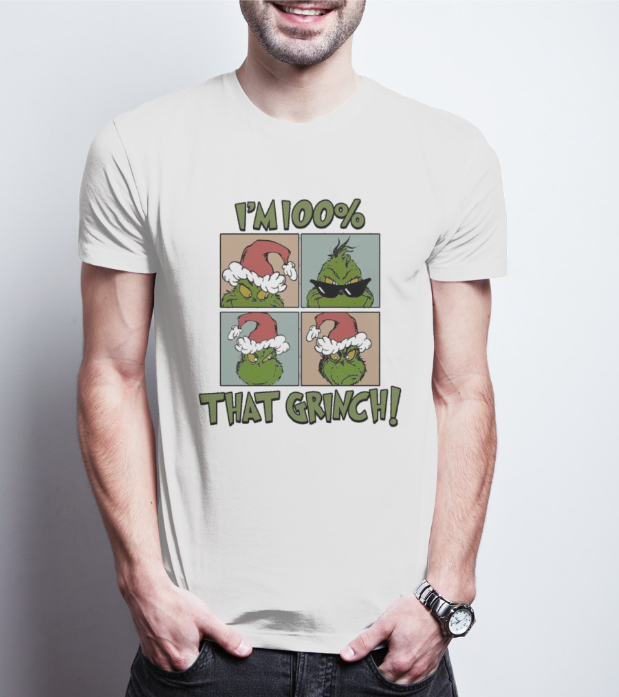 I'm 100% That Grinch Christmas Icon With Santa Hat And Sunglasses T-Shirt