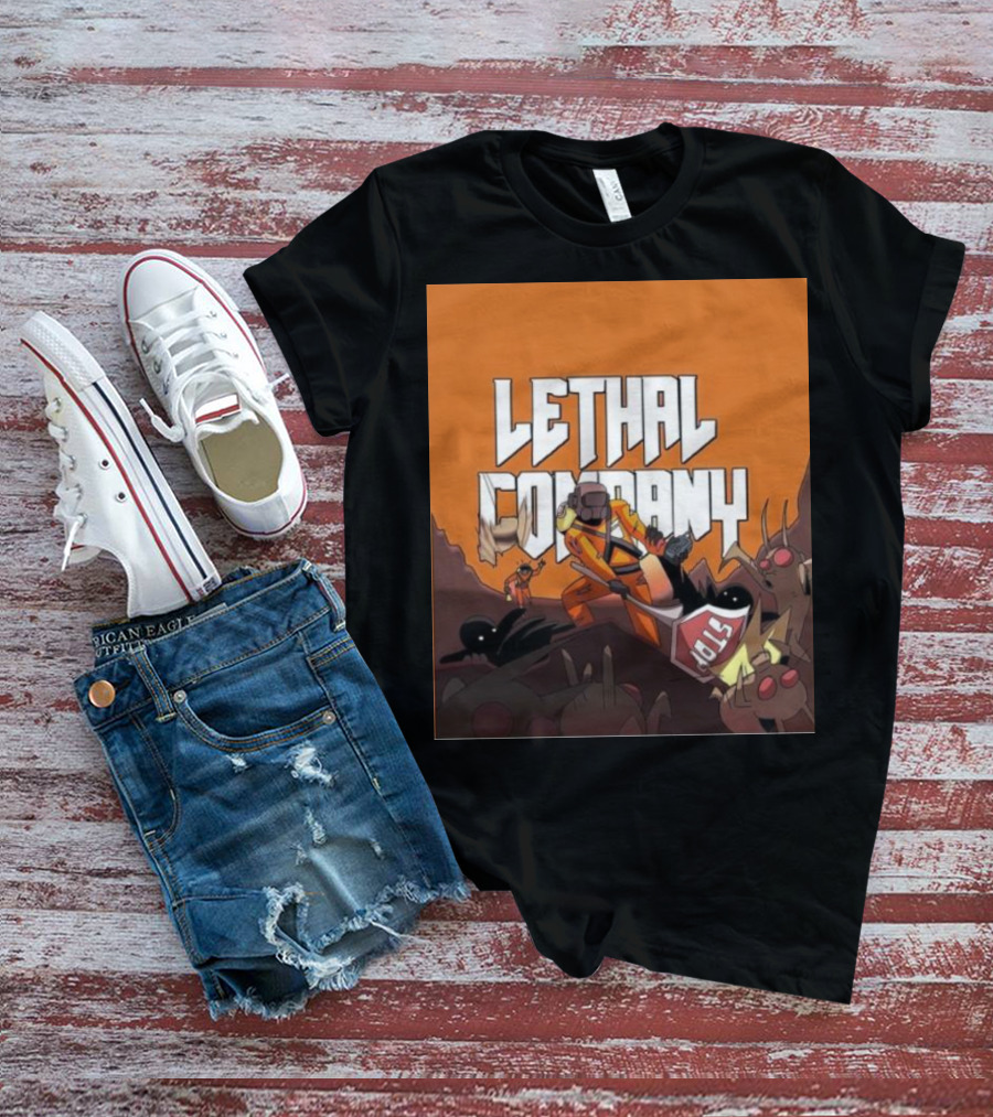 Lethal Company Stop Sign Creature Battle Scene T-Shirt