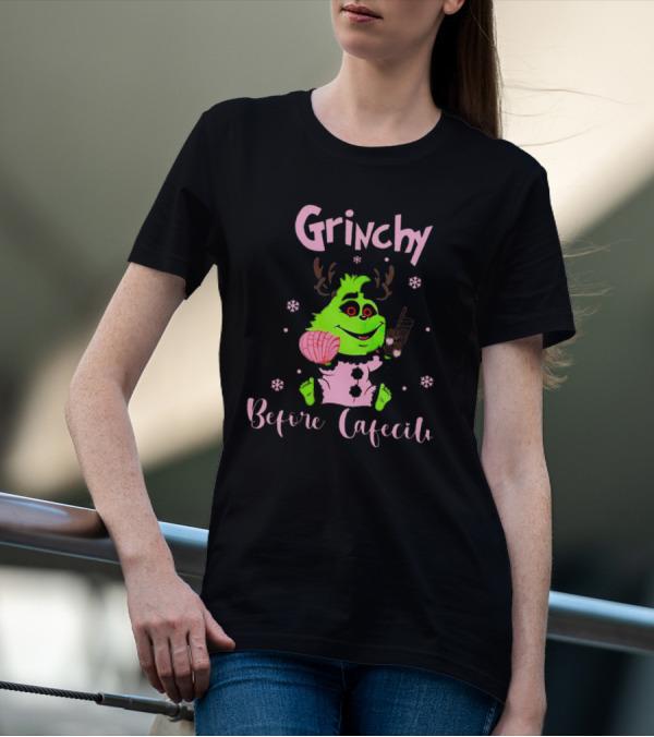 Grinchy Before Cafecito Christmas Holiday Drink Snowflakes T-Shirt