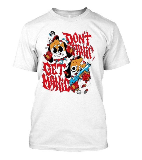 Don’t Panic Get Manic Cartoon Bears In Red And Black With Blue Gun T-Shirt