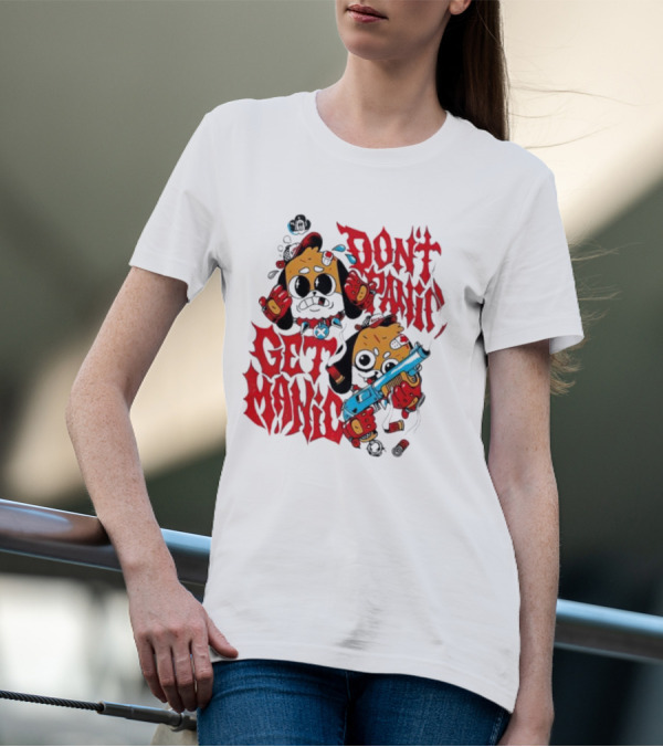 Don’t Panic Get Manic Cartoon Bears In Red And Black With Blue Gun T-Shirt