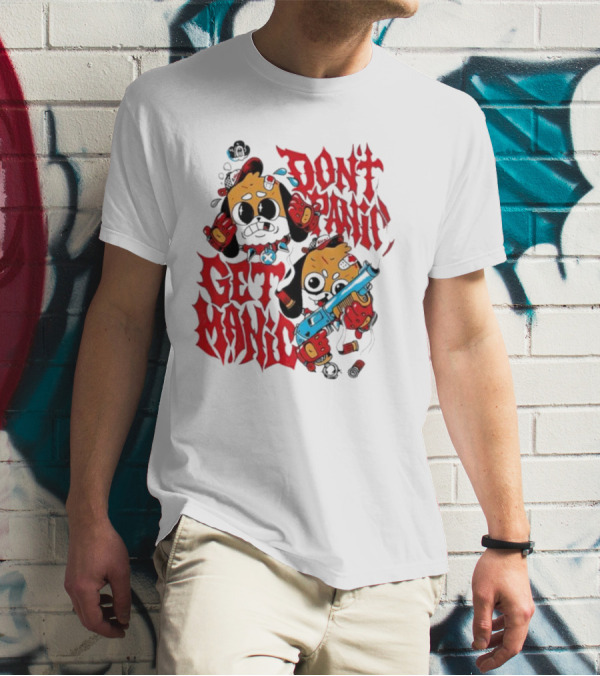 Don’t Panic Get Manic Cartoon Bears In Red And Black With Blue Gun T-Shirt