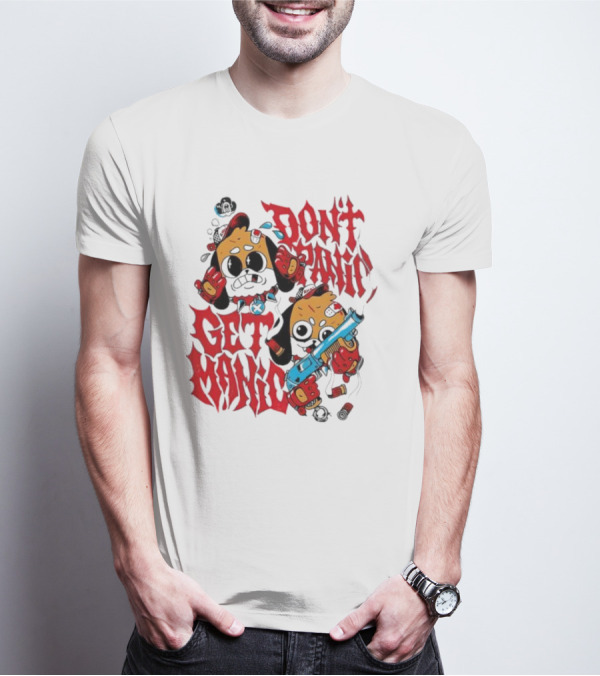 Don’t Panic Get Manic Cartoon Bears In Red And Black With Blue Gun T-Shirt