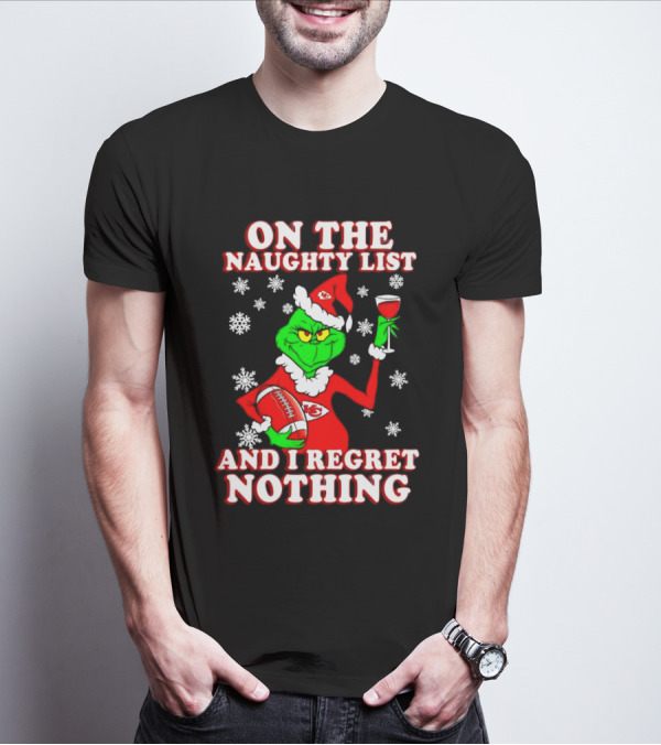 Grinch In Chiefs Colors With Naughty List And I Regret Nothing Christmas Football T-Shirt