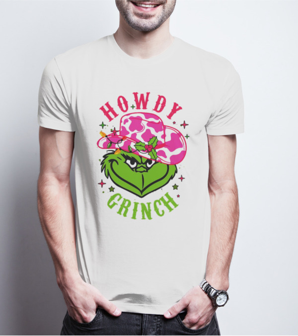 Howdy Grinch Christmas Cowboy Hat Festive Lights T-Shirt