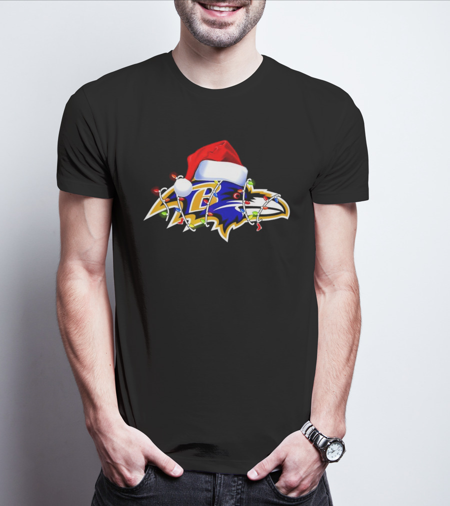 Baltimore Ravens Christmas Lights Santa Hat T-Shirt