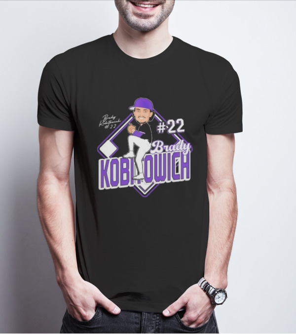 Brady Kobitowich #22 Baseball Cartoon Character Purple Cap 2023-2024 T-Shirt