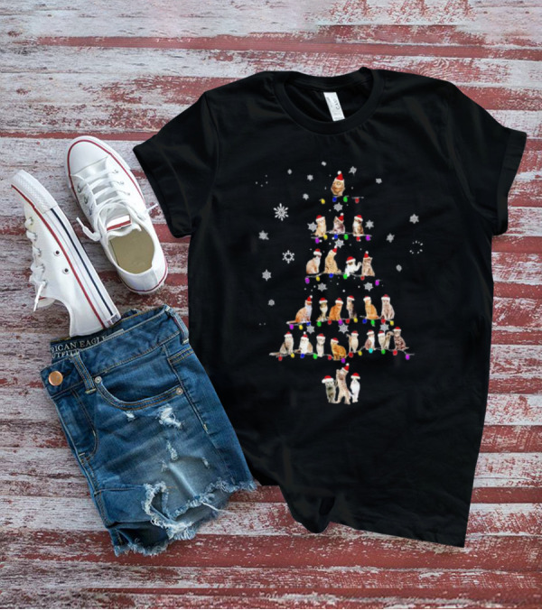 Cats With Santa Hats And Christmas Lights In Tree Shape T-Shirt