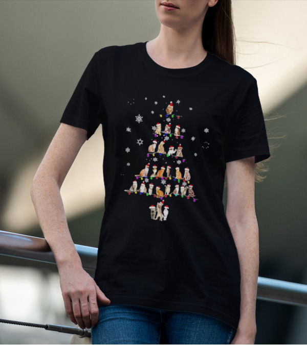 Cats With Santa Hats And Christmas Lights In Tree Shape T-Shirt