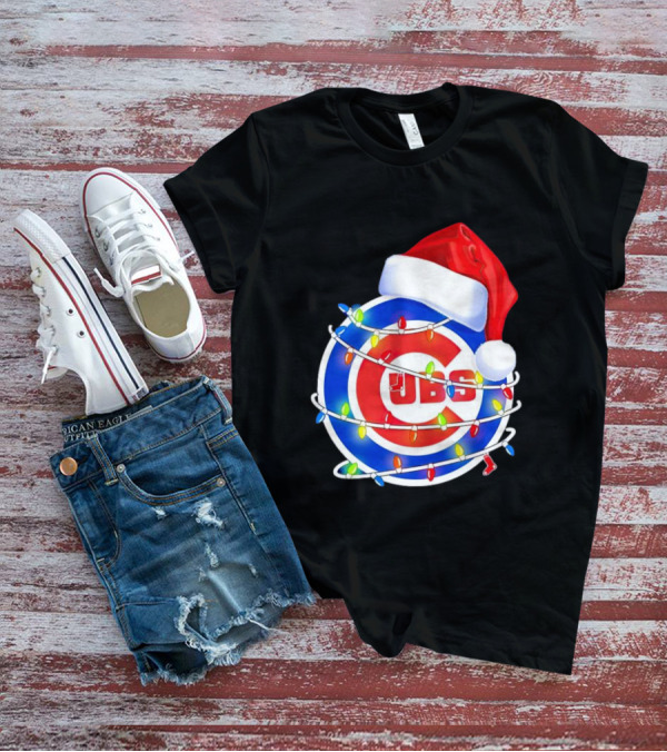 Chicago Cubs Festive Christmas Lights With Santa Hat T-Shirt