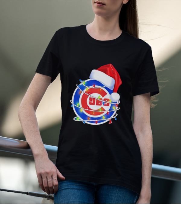 Chicago Cubs Festive Christmas Lights With Santa Hat T-Shirt