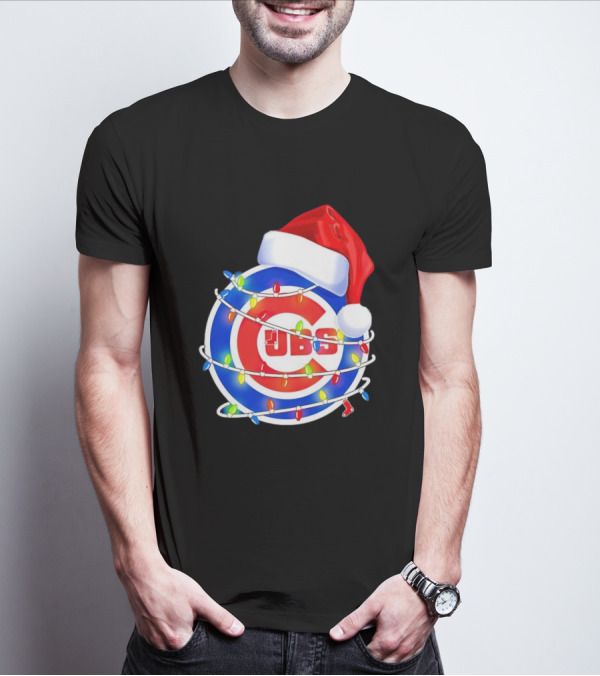 Chicago Cubs Festive Christmas Lights With Santa Hat T-Shirt