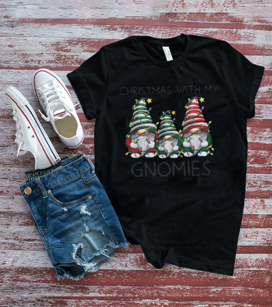 Christmas With My Gnomies Festive Holiday Lights Gnome Trio T-Shirt