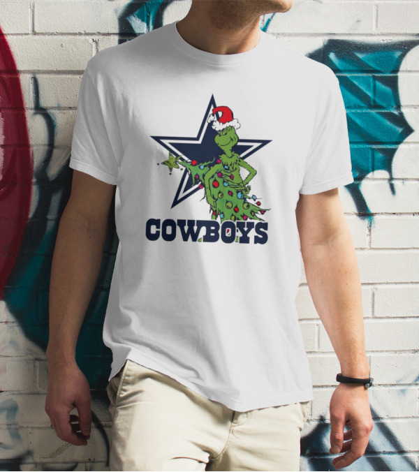 Dallas Cowboys Grinch In Santa Hat With Christmas Tree And Star T-Shirt