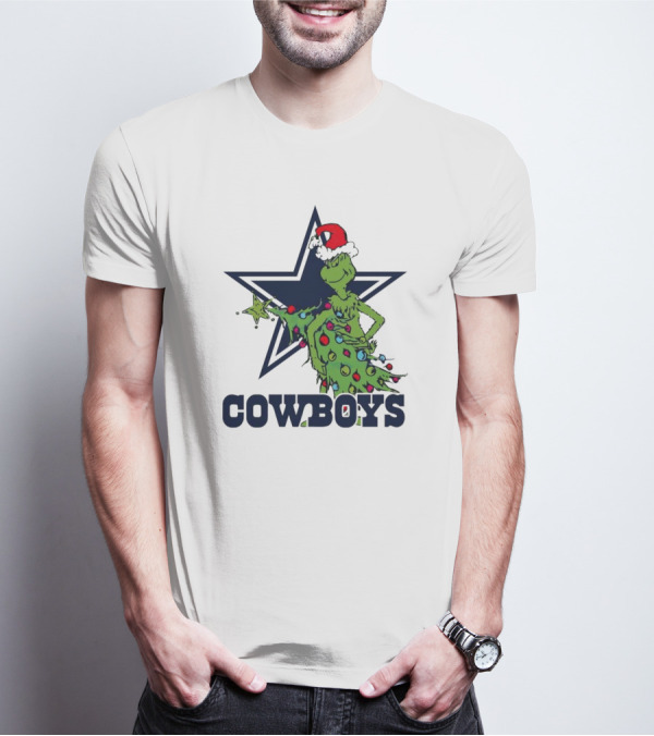 Dallas Cowboys Grinch In Santa Hat With Christmas Tree And Star T-Shirt