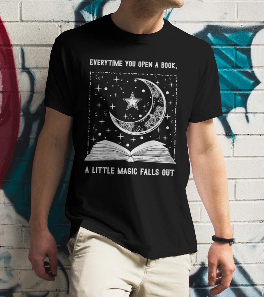 Everytime You Open A Book A Little Magic Falls Out With Starry Crescent Moon And Open Pages T-Shirt