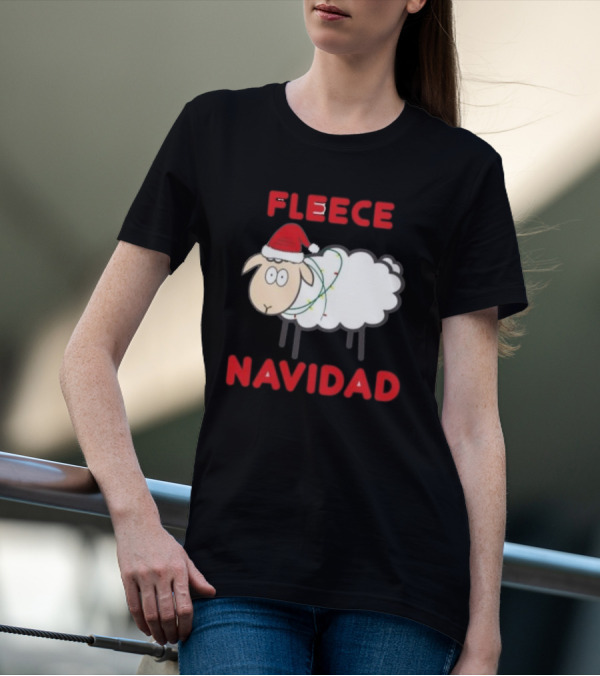 Fleece Navidad Christmas Sheep With Santa Hat And Festive Lights T-Shirt