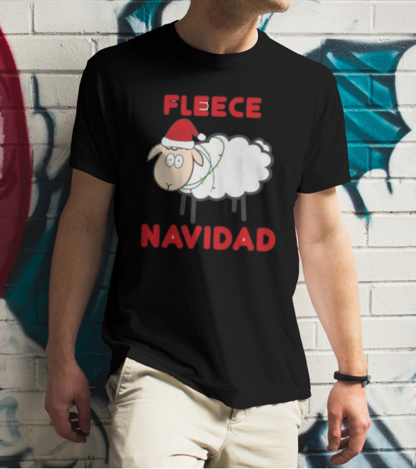 Fleece Navidad Christmas Sheep With Santa Hat And Festive Lights T-Shirt