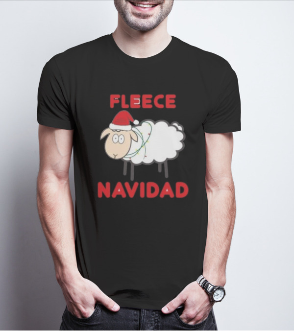 Fleece Navidad Christmas Sheep With Santa Hat And Festive Lights T-Shirt