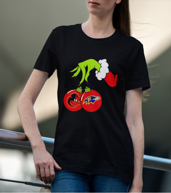 Grinch Hand Holding Baltimore Ravens And Orioles Christmas Ornaments T-Shirt