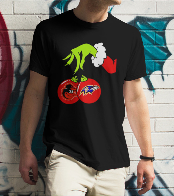 Grinch Hand Holding Baltimore Ravens And Orioles Christmas Ornaments T-Shirt