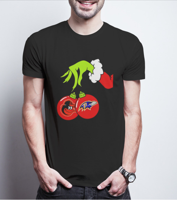 Grinch Hand Holding Baltimore Ravens And Orioles Christmas Ornaments T-Shirt