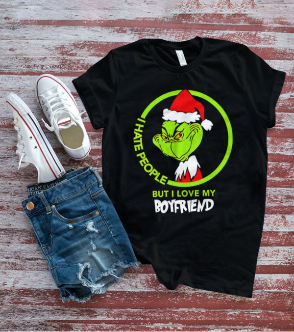 Grinch I Hate People But I Love My Boyfriend Christmas Santa Hat T-Shirt