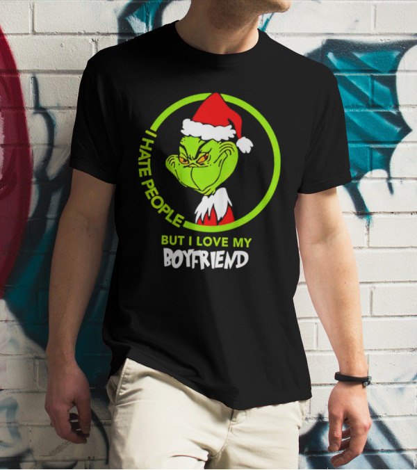Grinch I Hate People But I Love My Boyfriend Christmas Santa Hat T-Shirt