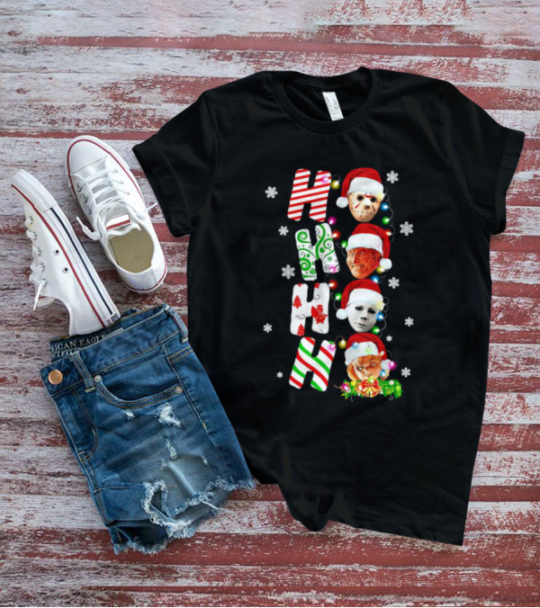 Ho Ho Ho Horror Movies Characters Christmas Snowflakes Santa Hats T-Shirt