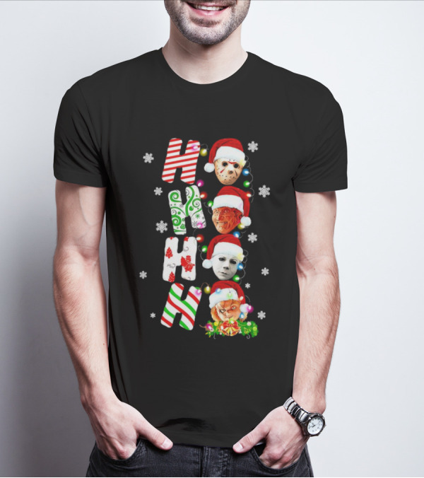 Ho Ho Ho Horror Movies Characters Christmas Snowflakes Santa Hats T-Shirt