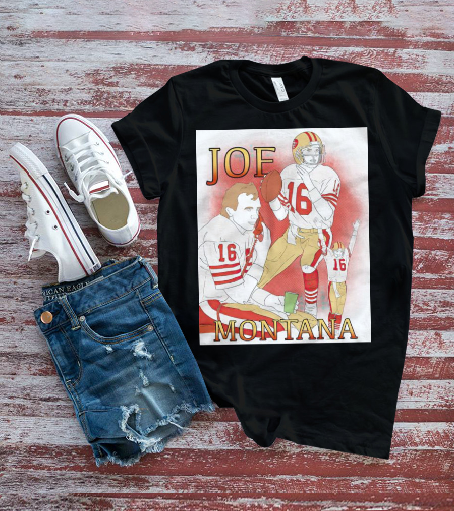 Joe Montana Football Quarterback Collage 16 Red And Gold T-Shirt