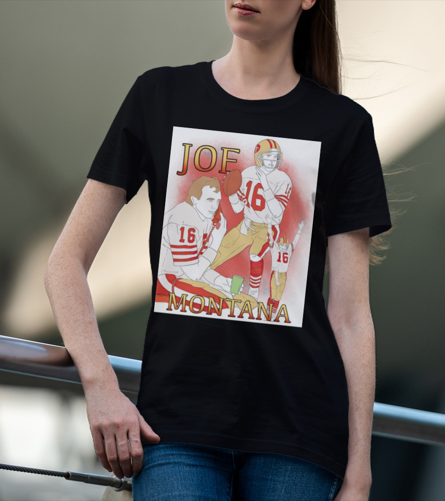 Joe Montana Football Quarterback Collage 16 Red And Gold T-Shirt