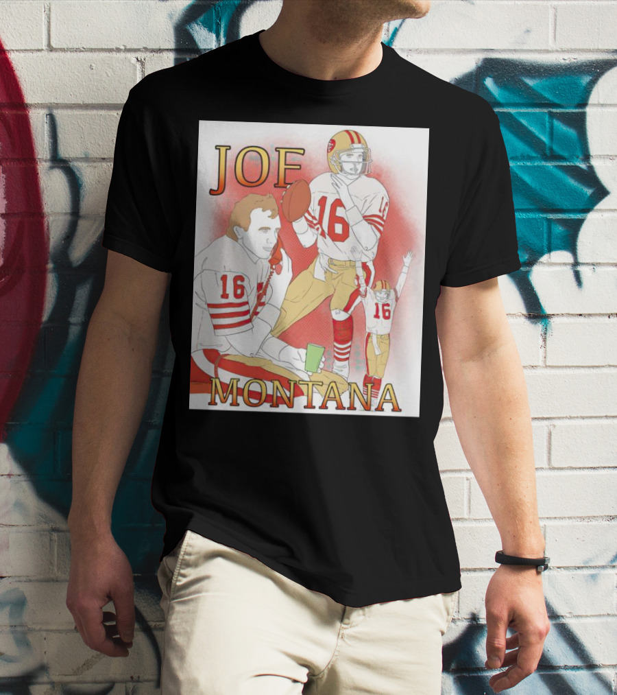 Joe Montana Football Quarterback Collage 16 Red And Gold T-Shirt