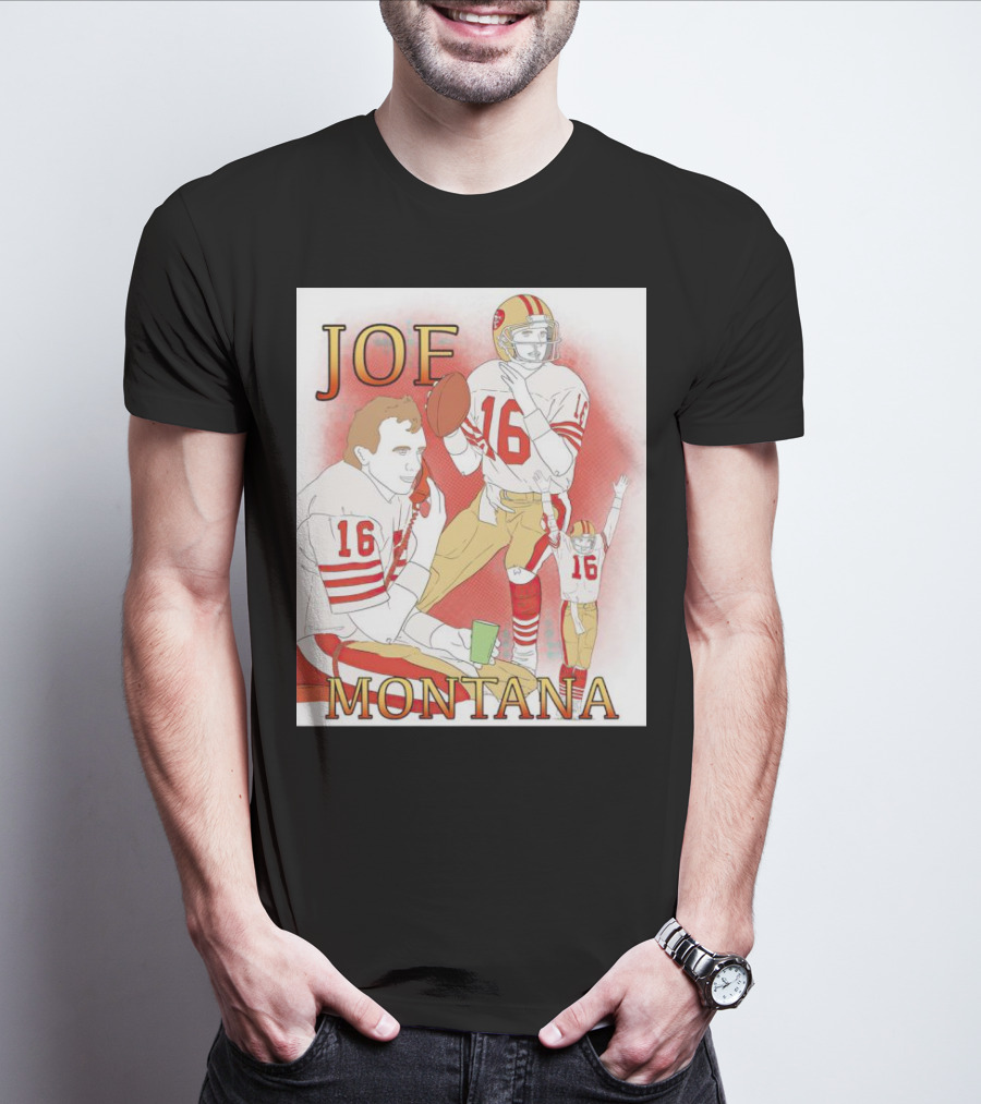 Joe Montana Football Quarterback Collage 16 Red And Gold T-Shirt