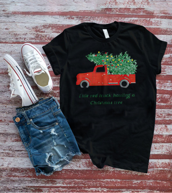 Little Red Truck Hauling Christmas Tree Festive Vintage Holiday Scene T-Shirt