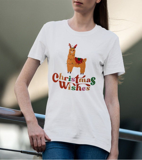 Christmas Wishes Llama Reindeer With Lights T-Shirt
