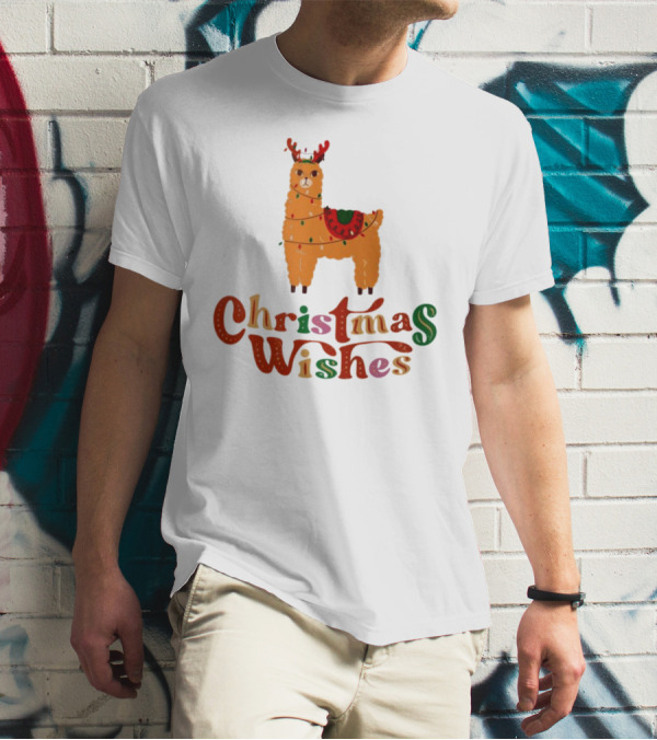 Christmas Wishes Llama Reindeer With Lights T-Shirt