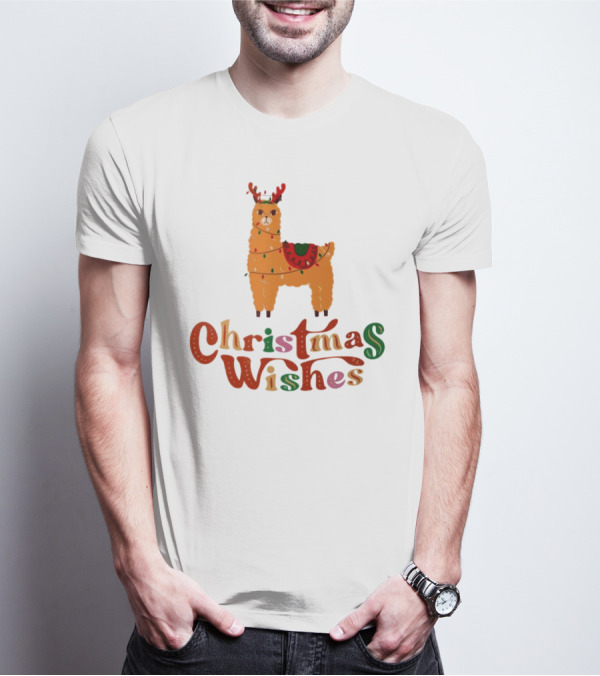 Christmas Wishes Llama Reindeer With Lights T-Shirt