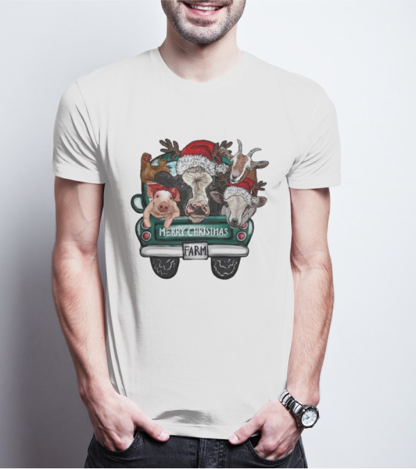 Merry Christmas Farm Animals In Holiday Truck T-Shirt