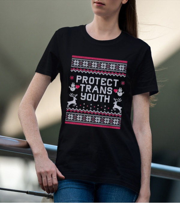 PROTECT TRANS YOUTH Snowflakes Reindeer Hearts Snowmen T-Shirt