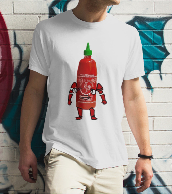 Sriracha Sauce Animated Bottle Character With Green Cap T-Shirt