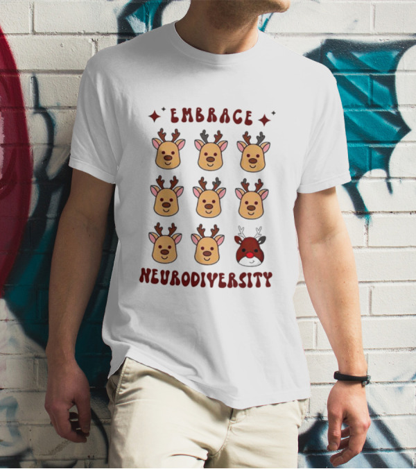 Embrace Neurodiversity Reindeer Faces Red Nose T-Shirt