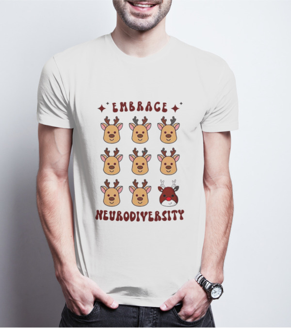 Embrace Neurodiversity Reindeer Faces Red Nose T-Shirt