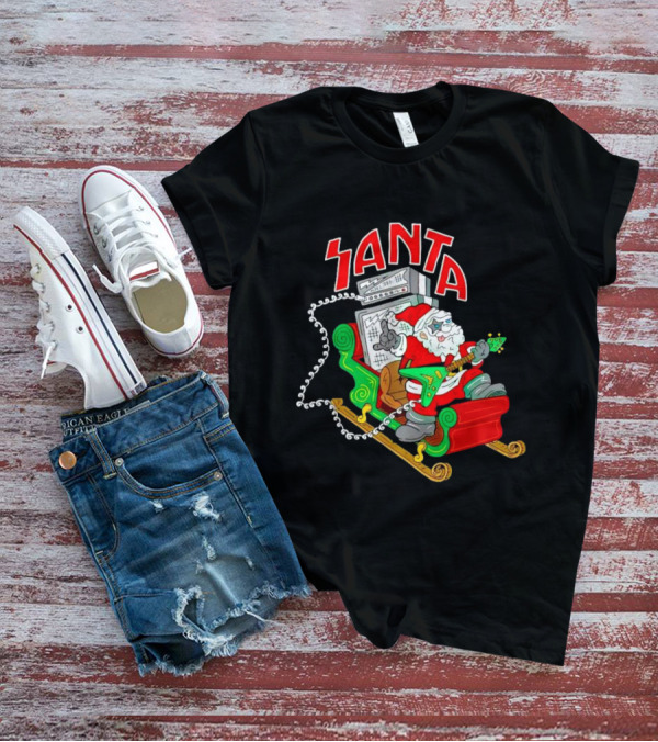 Santa Rocks Sleigh With Guitar And Amps Christmas T-Shirt