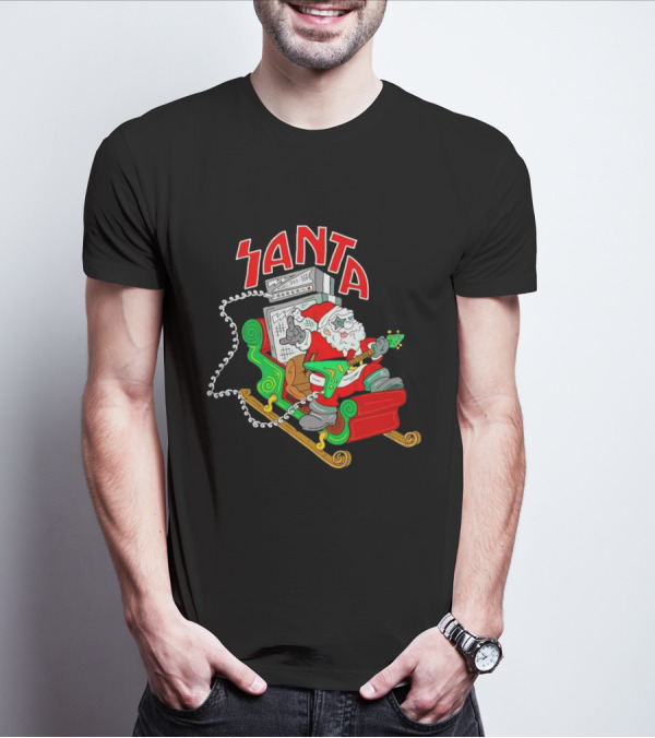 Santa Rocks Sleigh With Guitar And Amps Christmas T-Shirt
