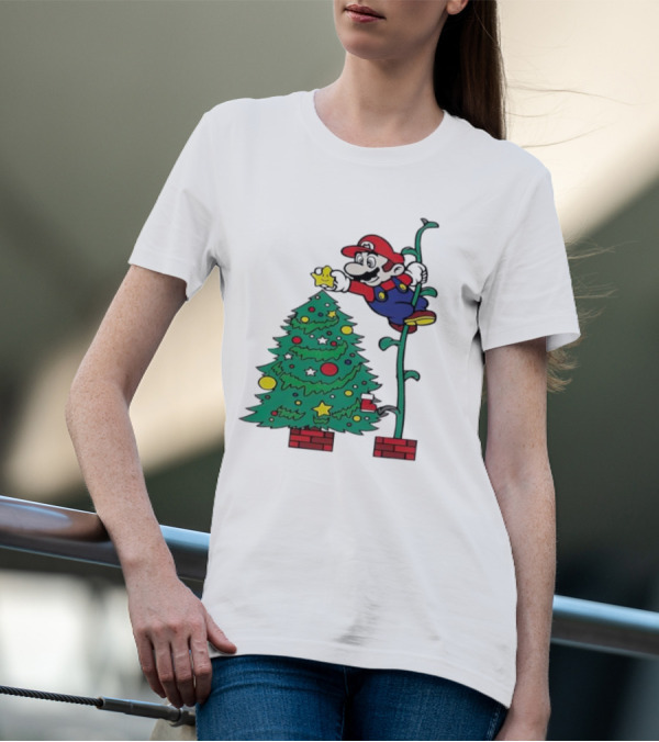 Super Mario Decorating Christmas Tree With Power-Up Star And Brick Blocks T-Shirt