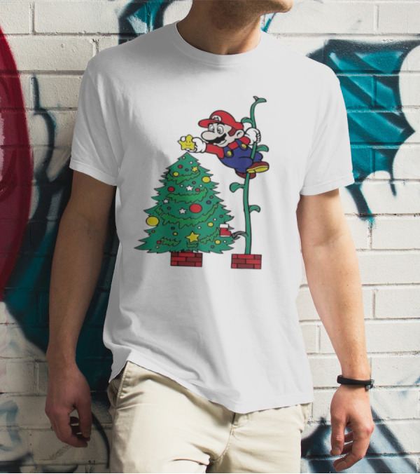 Super Mario Decorating Christmas Tree With Power-Up Star And Brick Blocks T-Shirt