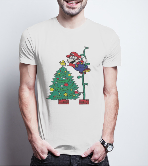 Super Mario Decorating Christmas Tree With Power-Up Star And Brick Blocks T-Shirt