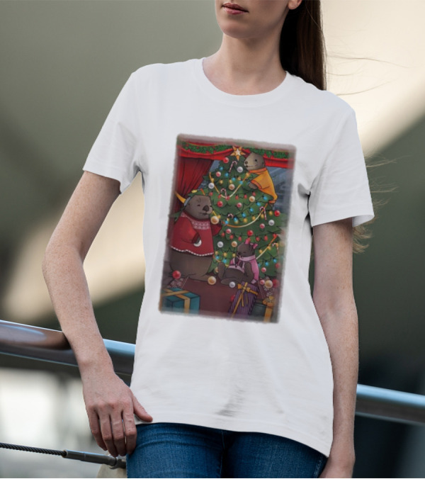 Tazz Talks Christmas Tree Celebrations With Adorable Bear Family Holiday Scene T-Shirt